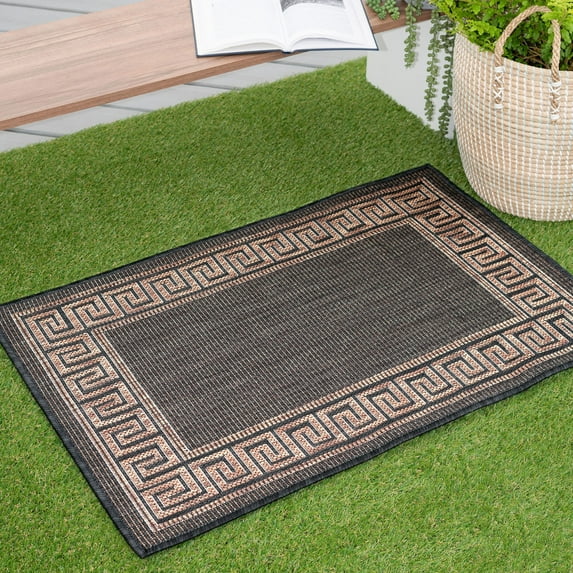 2x3 Water Resistant, Small Indoor Outdoor Rugs for Patios, Front Door Entry, Entryway, Deck, Porch, Balcony | Outside Area Rug for Patio | Gold, Greek Key | Size: 2' x 3'