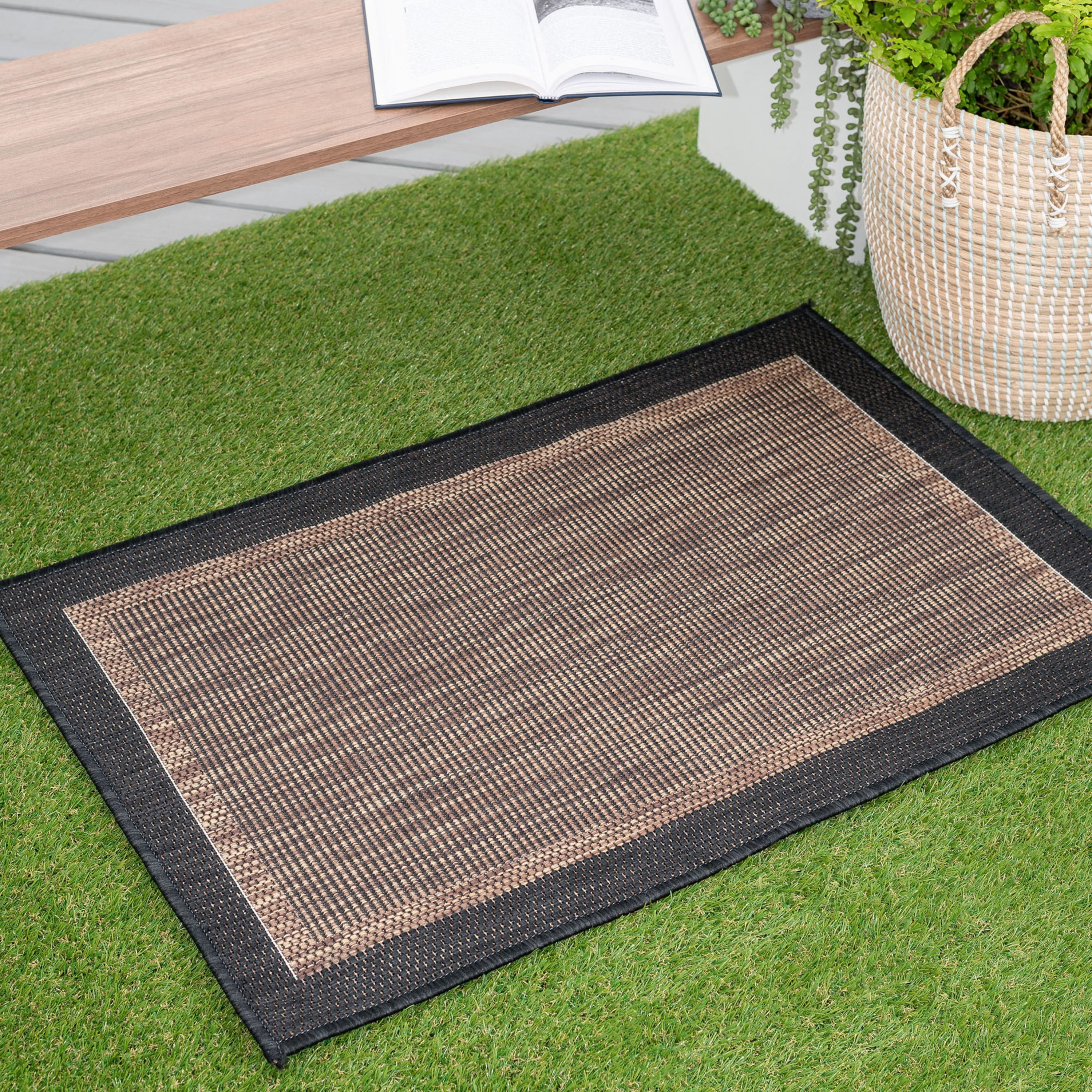 Bliss Rugs Solid Border Indoor Outdoor Rug Low-Profile Floor Mat for Patio, Entrance, Front Door |Gold, 2' x 3'