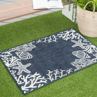 Bliss Rugs Coastal Indoor Outdoor Rug Low-Profile Floor Mat for Patio, Entrance, Front Door | Navy, 2' x 3'