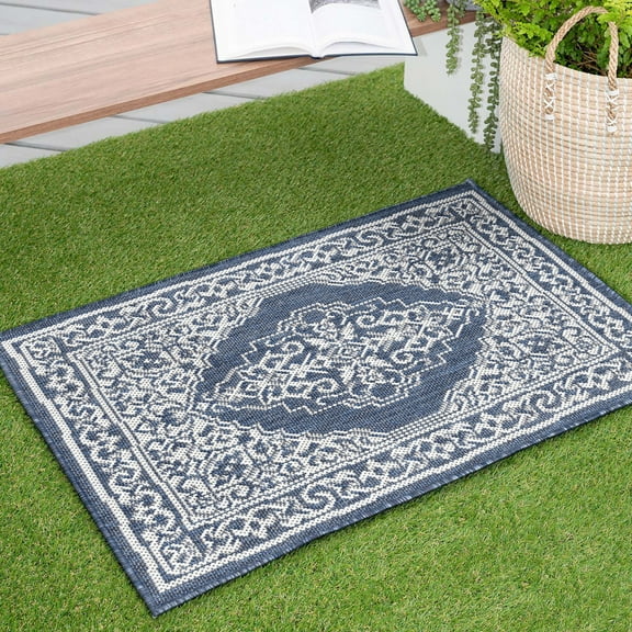 2x3 Water Resistant, Small Indoor Outdoor Rugs for Patios, Front Door Entry, Entryway, Deck, Porch, Balcony | Outside Area Rug for Patio | Navy, Floral | Size: 2' x 3'