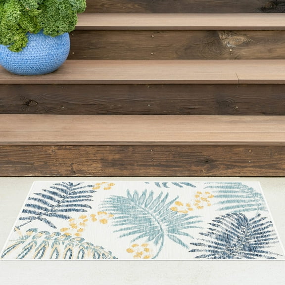 Bliss Rugs Floral Indoor Outdoor Rug Low-Profile Reversible Floor Mat for Patio, Entrance, Front Door | Navy, 2' x 3'