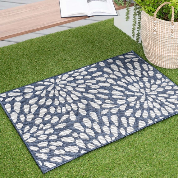 2x3 Water Resistant, Small Indoor Outdoor Rugs for Patios, Front Door Entry, Entryway, Deck, Porch, Balcony | Outside Area Rug for Patio | Navy, Floral | Size: 2' x 3'