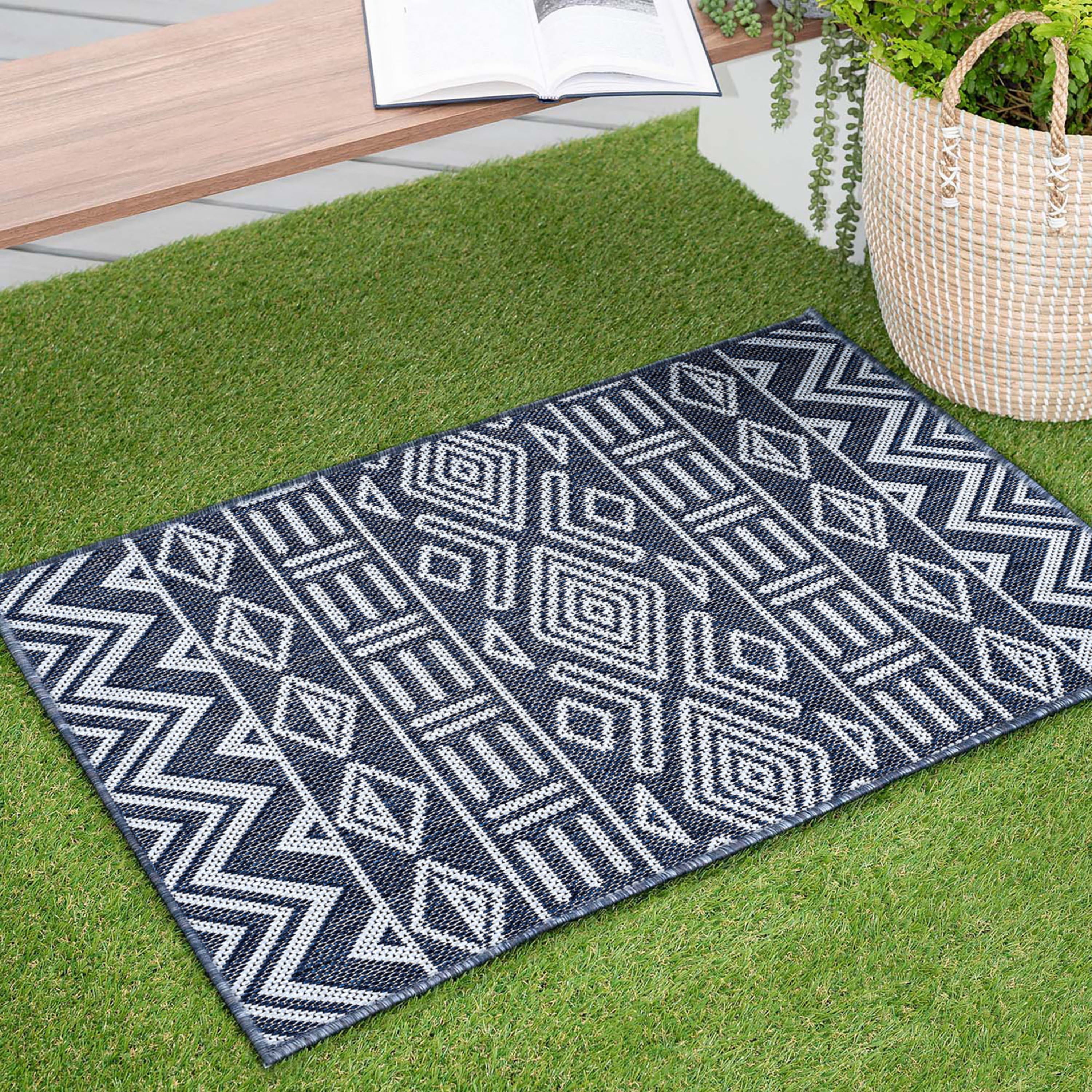 2x3 Water Resistant, Small Indoor Outdoor Rugs for Patios, Front Door Entry, Entryway, Deck, Porch, Balcony | Outside Area Rug for Patio | Navy, Moroccan | Size: 2' x 3'