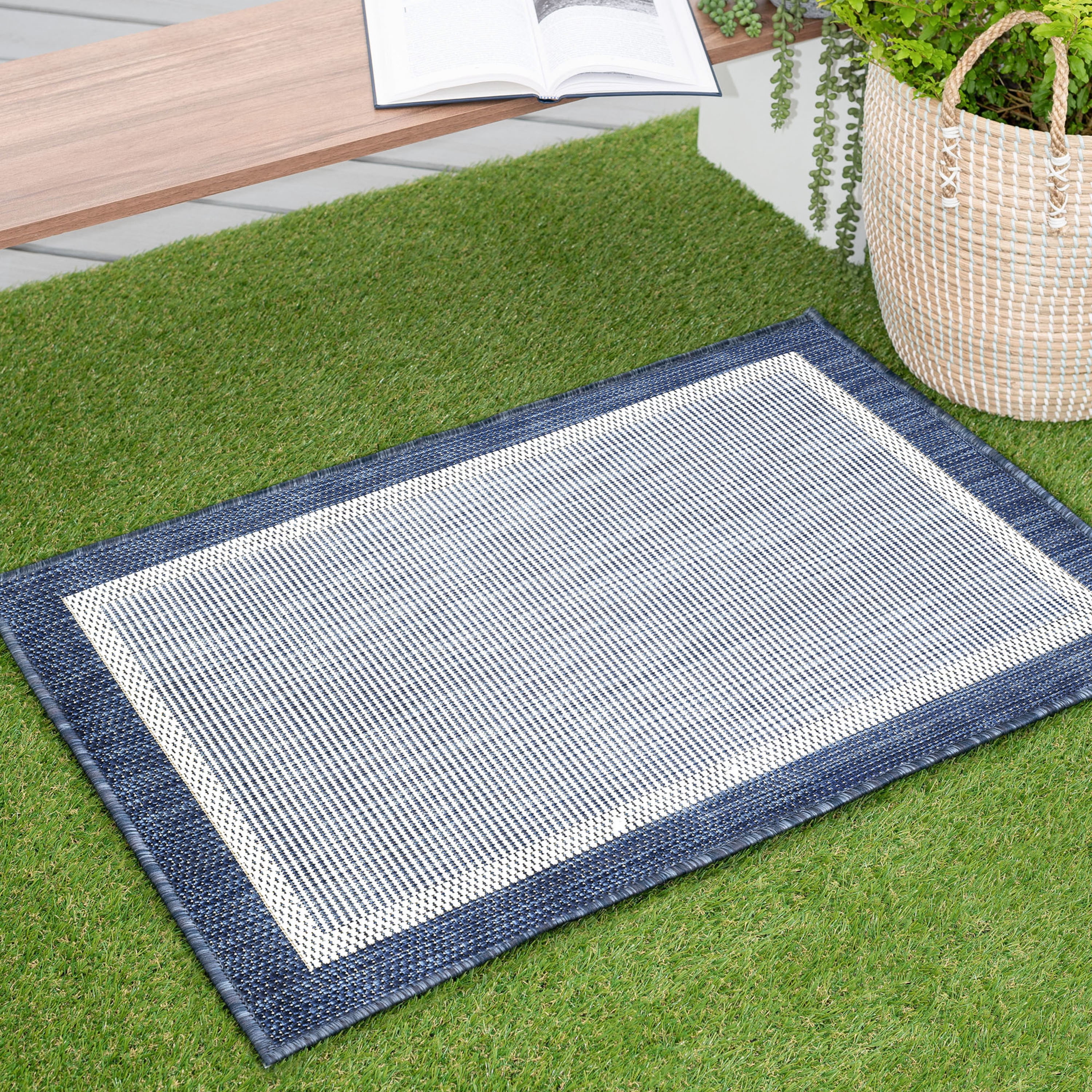 2x3 Water Resistant, Small Indoor Outdoor Rugs for Patios, Front Door Entry, Entryway, Deck, Porch, Balcony | Outside Area Rug for Patio | Navy, Solid Border | Size: 2' x 3'