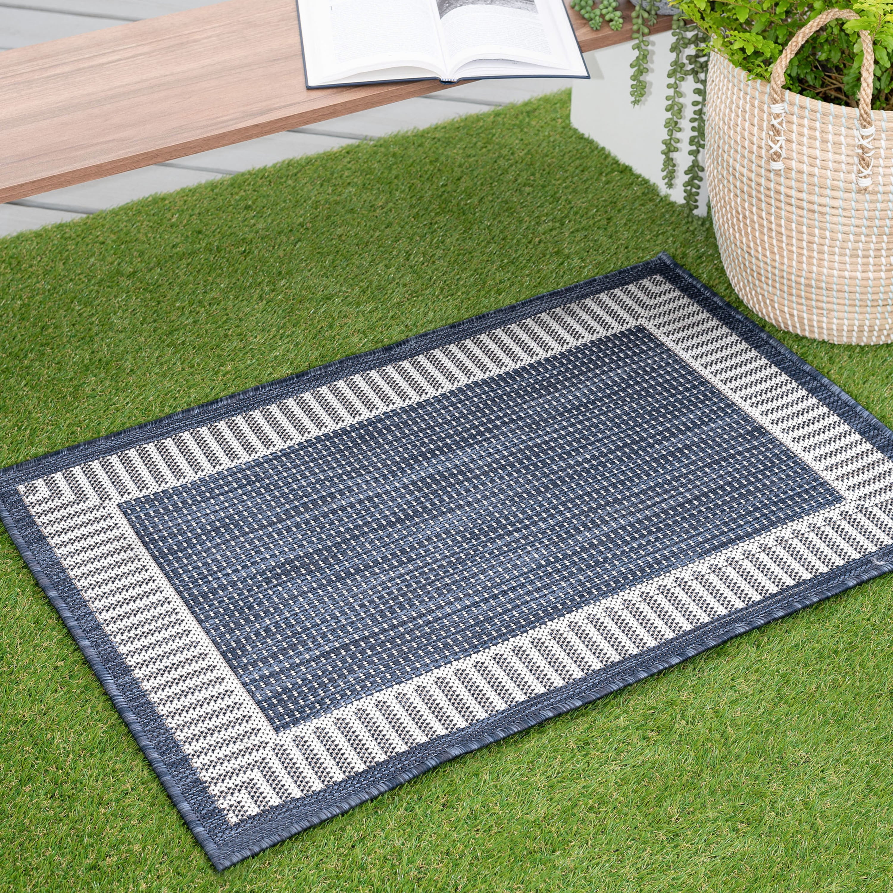 2x3 Water Resistant, Small Indoor Outdoor Rugs for Patios, Front Door Entry, Entryway, Deck, Porch, Balcony | Outside Area Rug for Patio | Navy, Striped Border | Size: 2' x 3'