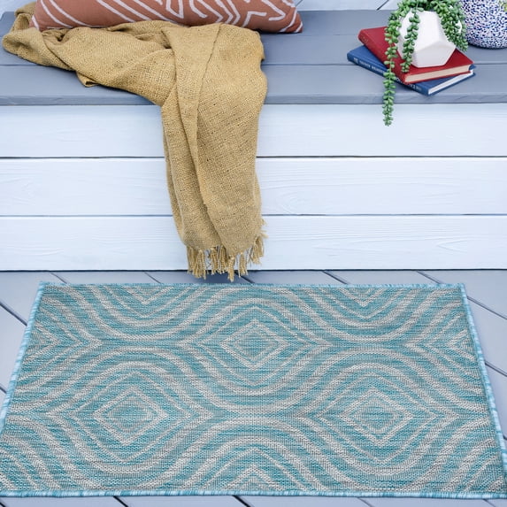 2x3 Water Resistant, Small Indoor Outdoor Rugs for Patios, Front Door Entry, Entryway, Deck, Porch, Balcony | Outside Area Rug for Patio | Seafoam, Geometric | Size: 2' x 3'