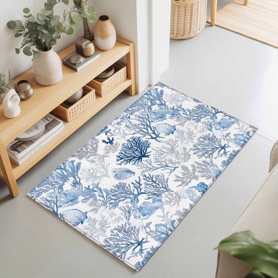 2x3 Watercolor Blue Coral Small Area Rug for Entryway, Washable Non ...