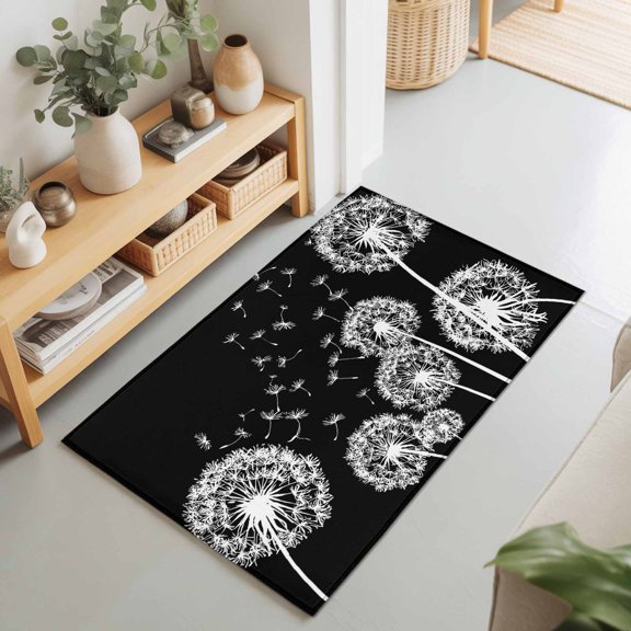 2x3 White Dandelion Small Area Rug for Entryway, Washable Non Slip Low Pile Soft Indoor Rug for Kitchen Bathroom Bedside, Black Modern Accent Rug