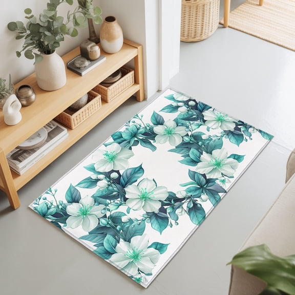 2x3 White Teal Gardenias Wreath Small Area Rug for Entryway, Washable Non Slip Low Pile Soft Indoor Rug for Kitchen Bathroom Bedside, Floral Leaf Accent Rug
