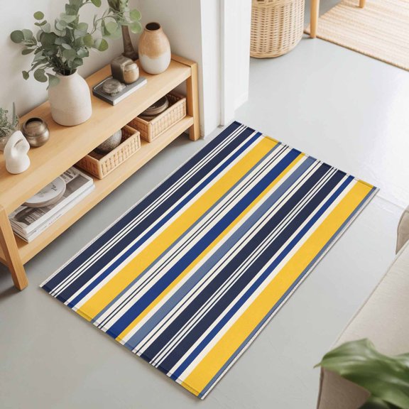 2x3 Yellow Stripeds Small Area Rug for Entryway, Washable Non Slip Low Pile Soft Indoor Rug for Kitchen Bathroom Bedside, Navy Blue Stripedd Accent Rug