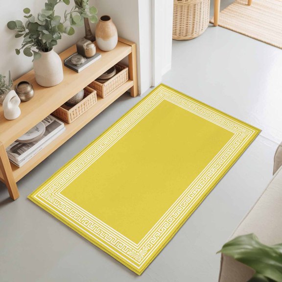 2x3 Yellow Vintage Small Area Rug for Entryway, Washable Non Slip Low Pile Soft Indoor Rug for Kitchen Bathroom Bedside, Abstract Art White Greek Key Accent Rug