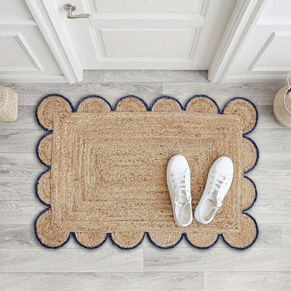 2x3 ft Braided Jute Area Rug with Navy Blue Scalloped Border, Natural Woven Texture, Rectangular Indoor Accent Rug for Living Room, Bedroom & Entryway