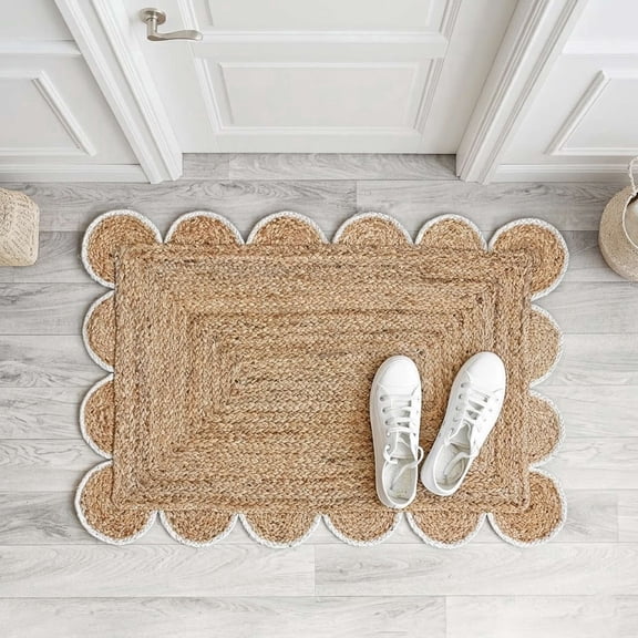 2x3 ft Braided Jute Area Rug with White Scalloped Border, Natural Woven Texture, Rectangular Indoor Accent Rug for Living Room, Bedroom & Entryway