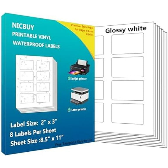 2x3 inch Bottle Labels Printable Glossy White Waterproof Vinyl Sticker Labels 160 Labels for Inkjet or Laser Printer
