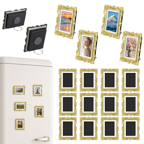12 Pcs Mini Picture Frames 2 x 3 in, Metal-Adhering, Vintage|Small Wallet Size Photo Frames for Tabletop or Fridge Display, Intricate Carvings, Adjustable Back Stand