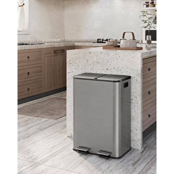 2x30L, Dual Compartment Stainless Steel Trash Can, Kitchen Step Bin with Soft-Close Lid, Recycling and Garbage Bin with Removable Inner Buckets, Gray