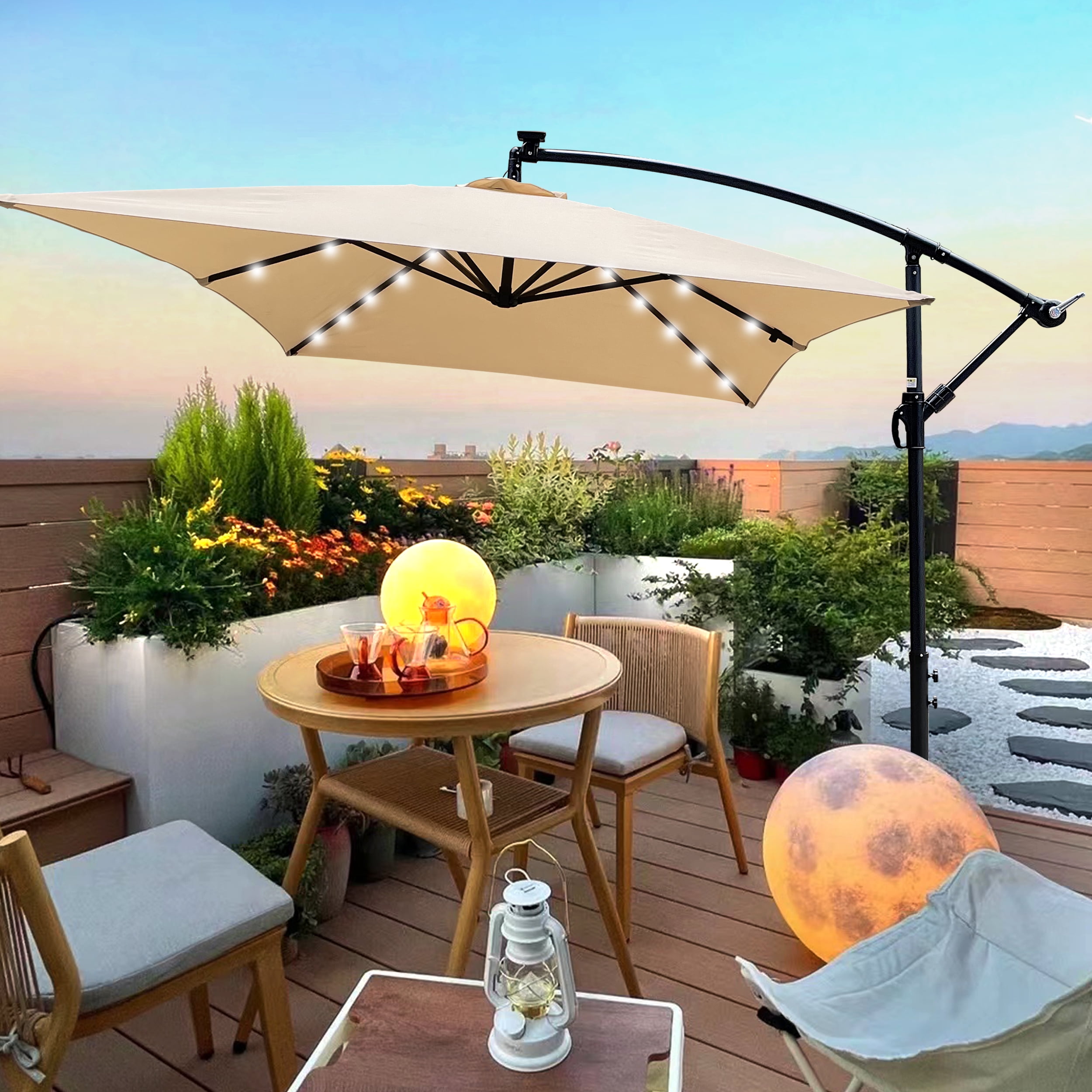 2x3M Rectangular Outdoor Patio Umbrella, Solar LED Lighted Sun Shade Canopy with 6 Ribs & Crank Base, Tan