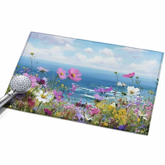 2x3ft Area Rug,Coastal Watercolor Wildflowers Washable Large Rugs Soft Non-Slip Floor Rug Blue Sky White Clouds Non-Shedding Indoor Carpets for Living Room Bedroom Home Office Nursery
