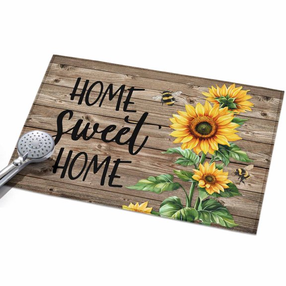 2x3ft Area Rug,Country Sunflower Bee Green Leaves Washable Large Rugs Soft Non-Slip Floor Rug Farm Retro Wood Board Non-Shedding Indoor Carpets for Living Room Bedroom Home Office Nursery