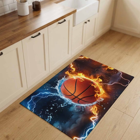 2x3ft Area Rug,Rectangle Area Rugs,Basketball Sports Ice and Fire Washable Low Pile Rug Non-Slip Indoor Carpet Lightning Abstract Art Floor Rugs for Bedroom Living Room Kitchen Decor