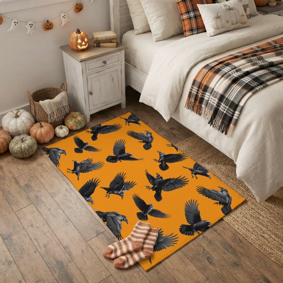 2x3ft Area Rug,Rectangle Area Rugs,Watercolor Halloween Crow Washable Low Pile Rug Non-Slip Indoor Carpet Country on Orange Floor Rugs for Bedroom Living Room Kitchen Decor