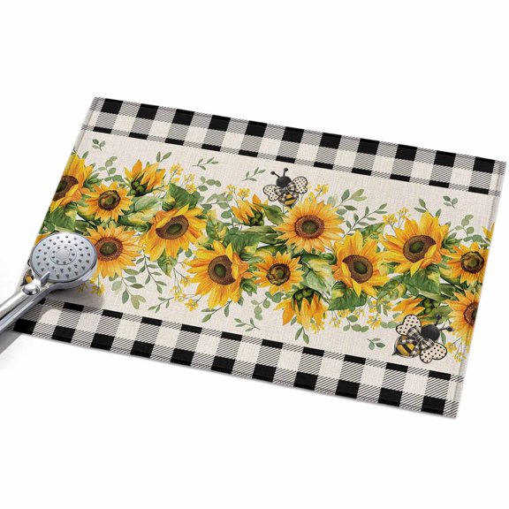 2x3ft Area Rug,Watercolor Sunflower Bee Green Leaves Washable Large Rugs Soft Non-Slip Floor Rug Black Buffalo Plaid Non-Shedding Indoor Carpets for Living Room Bedroom Home Office Nursery