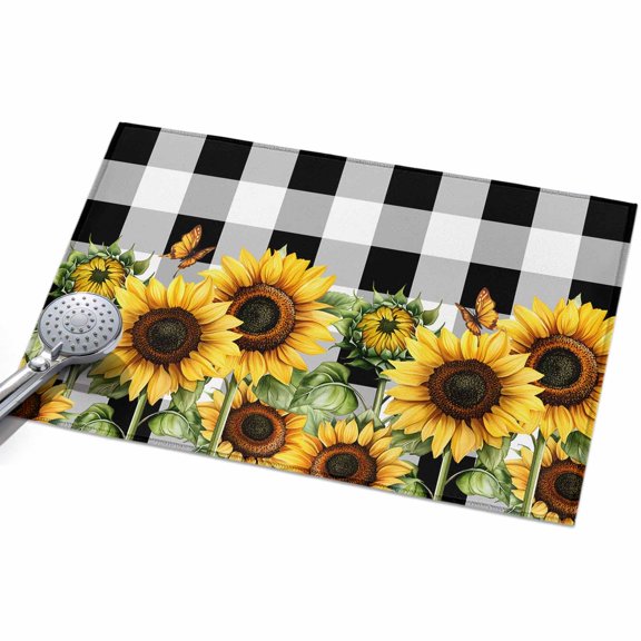 2x3ft Area Rug,Watercolor Sunflower Bee Green Leaves Washable Large Rugs Soft Non-Slip Floor Rug Black White Checker Non-Shedding Indoor Carpets for Living Room Bedroom Home Office Nursery