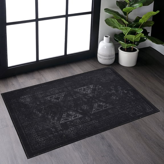 2x3ft Black Small Washable Area Rug,Modern Soft Low Pile Front Doormat Throw Rug