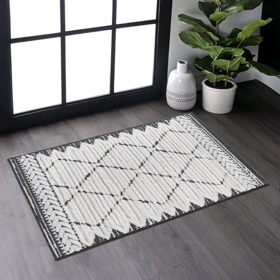 2x3ft High-Low Trellis Cream/Anthracite Indoor Area Rug,Geometric Doormat Carpet
