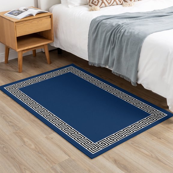 2x3ft Rectangle Area Rug Abstract Greek Inspired Key Texture Soft Non-Slip Bedside Rug Washable Cushioned Carpet Geometric Twist Line on Dark Blue Low Pile Floor Mat for Living Room