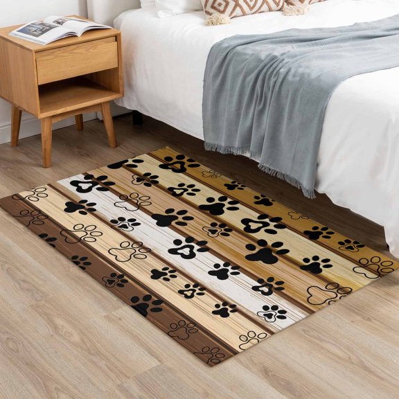 2x3ft Rectangle Area Rug Cute Dog Paw Print Farm Wood Board Soft Non-Slip Bedside Rug Washable Cushioned Carpet Pet Footprint Shadow Low Pile Floor Mat for Living Room Dining Room