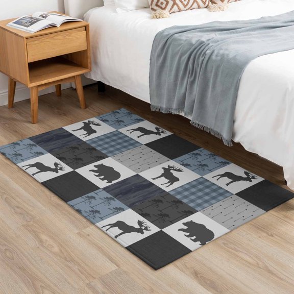 2x3ft Rectangle Area Rug Deer Bear Retro Grey Plaid Soft Non-Slip Bedside Rug Washable Cushioned Carpet Forest Shadow Low Pile Floor Mat for Living Room Dining Room