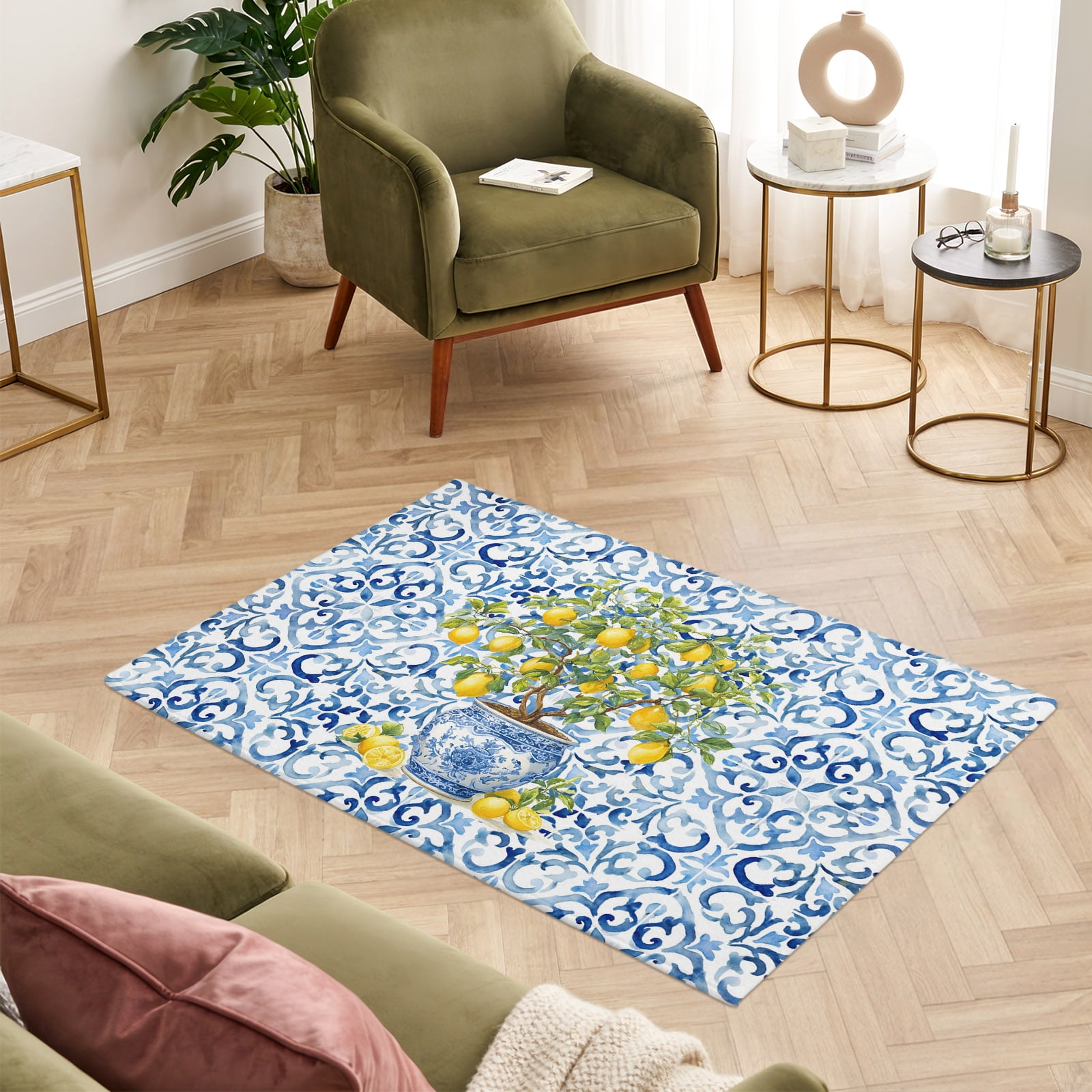 Blue Variant Rug Texture 2x3ft Rectangle Area Rug Farm Lemon Fruit Leaves Soft Throw Rugs ...