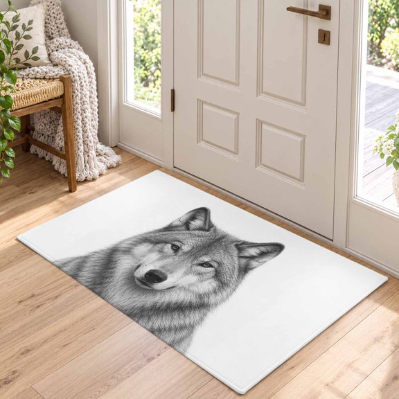2x3ft Rectangle Area Rug Gray Timber Wolf Sketch Soft Non-Slip Bedside Rug Washable Cushioned Carpet Minimalist Wildlife Pattern Low Pile Floor Mat for Living Room Dining Room