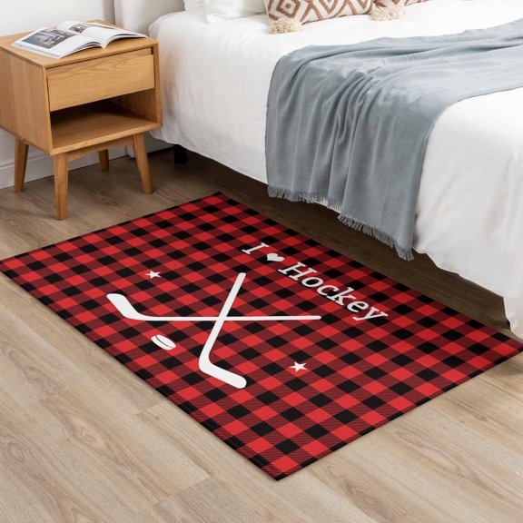 2x3ft Rectangle Area Rug Hockey Sports Star Red Buffalo Plaid Soft Non-Slip Bedside Rug Washable Cushioned Carpet Black Check White Shadow Low Pile Floor Mat for Living Room