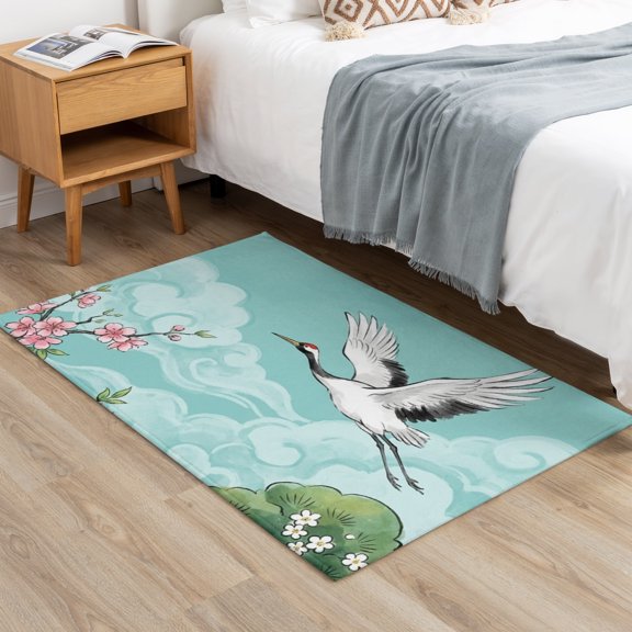 2x3ft Rectangle Area Rug Japanese Cherry Blossoms Cranes Soft Non-Slip Bedside Rug Washable Cushioned Carpet Pineapple Clouds Low Pile Floor Mat for Living Room Dining Room