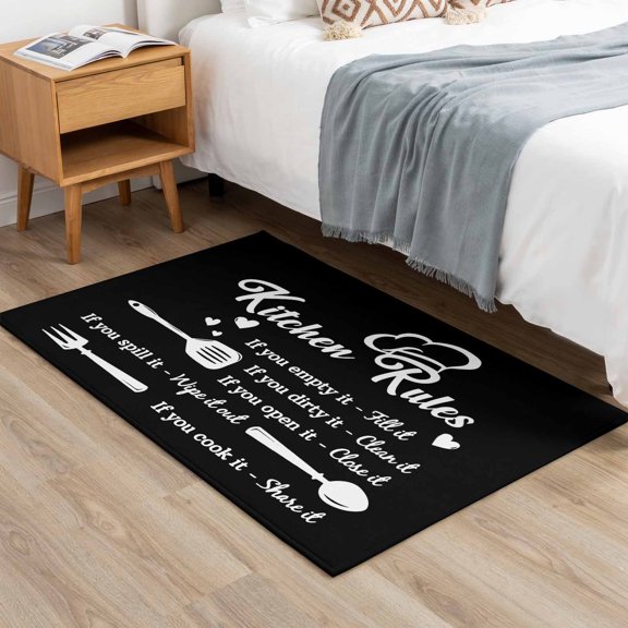 2x3ft Rectangle Area Rug Kitchen Rules Black and White Soft Non-Slip Bedside Rug Washable Cushioned Carpet Kitchens Utensils Appliances Low Pile Floor Mat for Living Room Dining Room