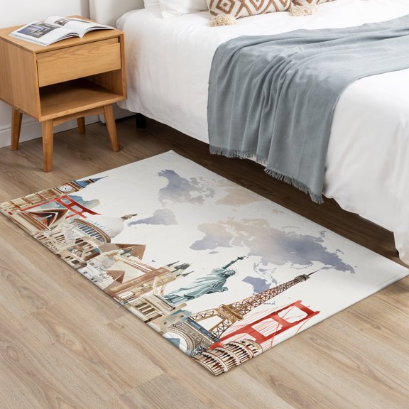2x3ft Rectangle Area Rug Retro Maps of The World Tourism Soft Non-Slip Bedside Rug Washable Cushioned Carpet Abstract Graffiti Texture Low Pile Floor Mat for Living Room Dining Room