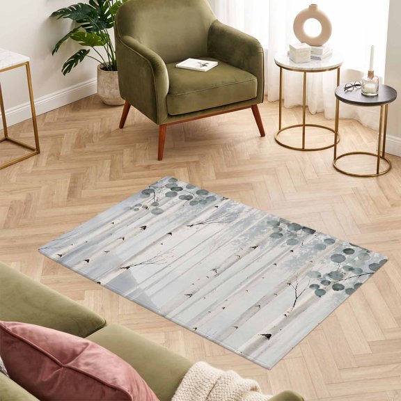 2x3ft Rectangle Area Rug Winter Birch Tree Trunks Soft Throw Rugs Washable Rug Rectangular Floor Carpet Gradient Green Leaves Non-Slip Rugs for Indoor Living Room Bedroom