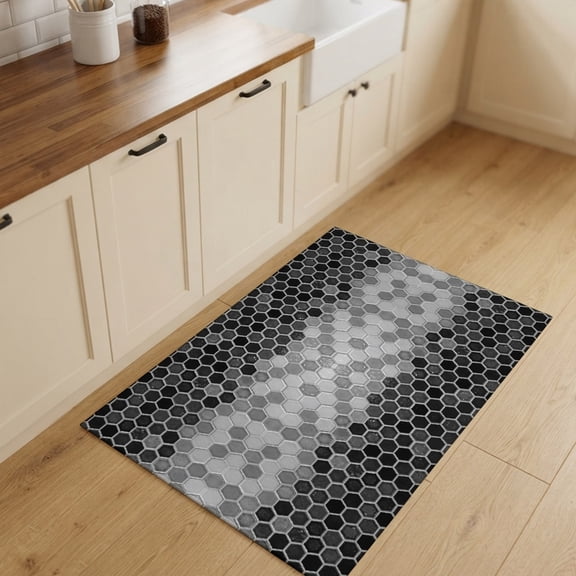 2x3ft Rectangle Rug,Black Gray Gradient Hexagon Washable Area Rugs Non-Slip Accent Rug Abstract Honeycomb Grid Ombre Soft Circle Carpet for Living Room Bedroom Home Office Decor