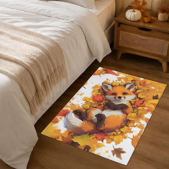 2x3ft Rectangle Rug,Cute Fox Lying in Orange Maple Leaves Washable Area Rugs Non-Slip Accent Rug Autumn Botanical Soft Circle Carpet for Living Room Bedroom Home Office Decor