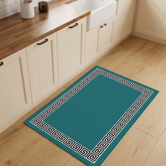 2x3ft Rectangle Rug,Greek Abstract Inspired Key Pattern Washable Area Rugs Non-Slip Accent Rug Twist Line on Teal Soft Circle Carpet for Living Room Bedroom Home Office Decor