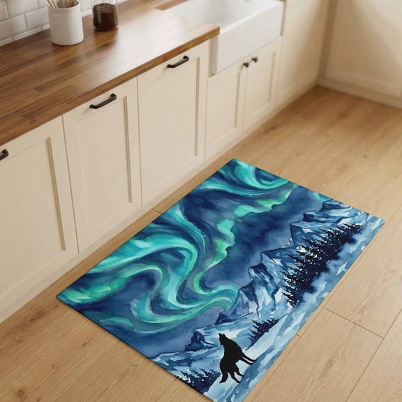 2x3ft Rectangle Rug,Green Lights Wolf Washable Area Rugs Non-Slip Accent Rug Watercolor Mountain Background Soft Circle Carpet for Living Room Bedroom Home Office Decor