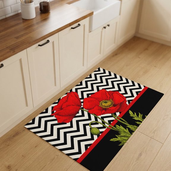 2x3ft Rectangle Rug,Red Poppy Flower Retro Boho Washable Area Rugs Non-Slip Accent Rug Abstract Black Herringbone Soft Circle Carpet for Living Room Bedroom Home Office Decor