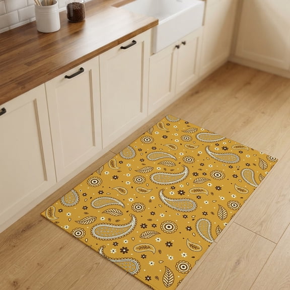 2x3ft Rectangle Rug,Retro Paisley Pattern on Yellow Washable Area Rugs Non-Slip Accent Rug White Seamless Floral Art Soft Circle Carpet for Living Room Bedroom Home Office Decor