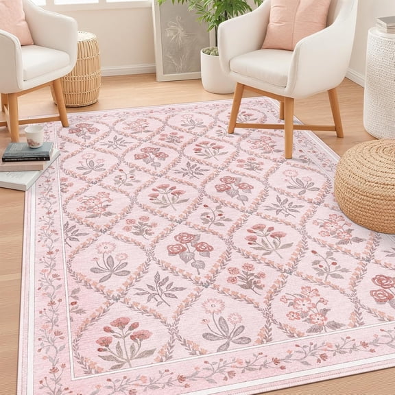 2x3ft Small Area Rug, Blush Pink Boho Cute Floral Rug for Bedroom, Washable Large Soft Non-Slip Low-Pile Carpet or Living Room Playroom Dorm, Pink Multi