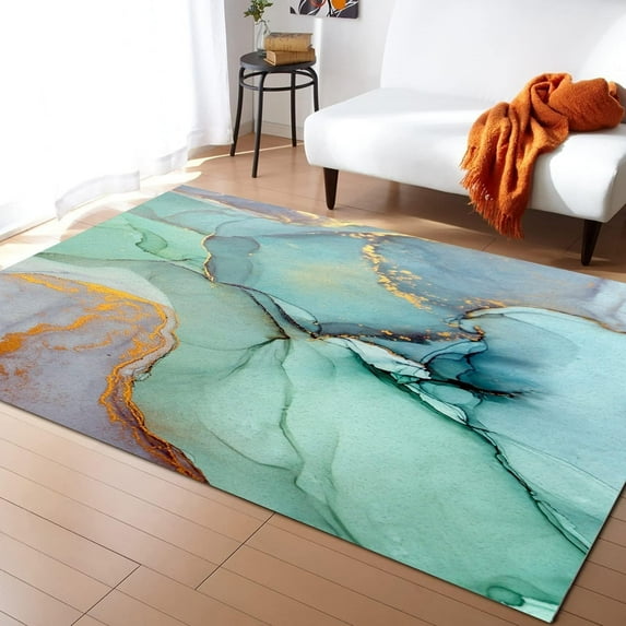 2x3ft Teal Marble Golden Lines Bedroom Rug, Turquoise Nature Stone Area Rug, Washable Easy To Clean Foldable With Rubber Backing Carpet For Hotel Living Room Boy Girl Room Nursery