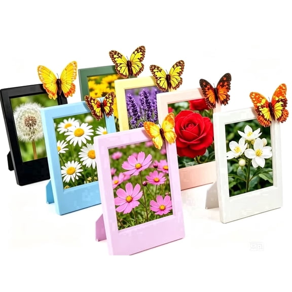 JinBeiXi Photo Frames for Instax Mini Evo 13 12 Liplay SE Link 3 Camera Film, 2" x 3" Macaron Desktop Frames with 3D Butterfly Charms,7 Pack