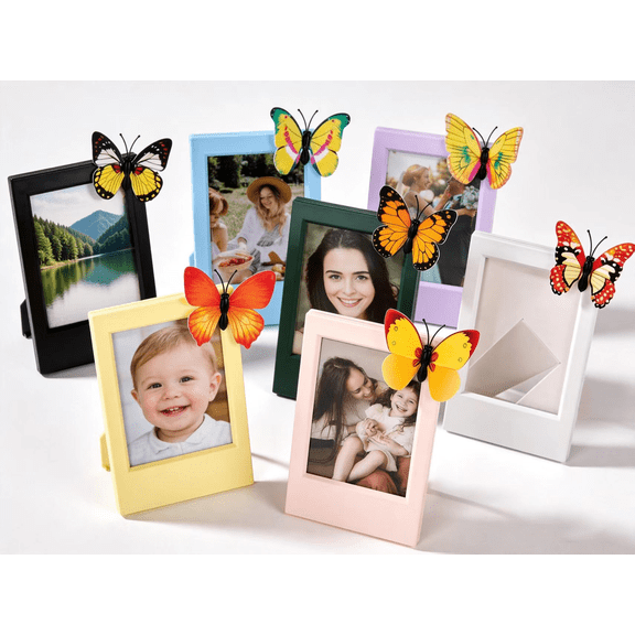 JinBeiXi Mini Photo Frames for Instax Mini Evo 13 12 Liplay SE Link 3 Camera Film, 2" x 3" Macaron Desktop Frames with 3D Butterfly Charms,7 Pack