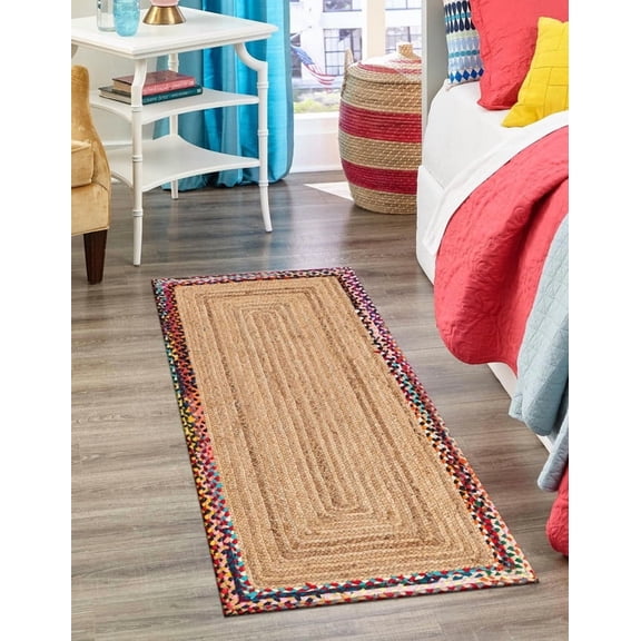 2x4 Ft Multi & Natural Jute Area Rug, Hand-Woven, Reversible, Farmhouse Boho Style, Durable & Pet-Friendly Rug for Living Room, Dining Room, and Bedroom